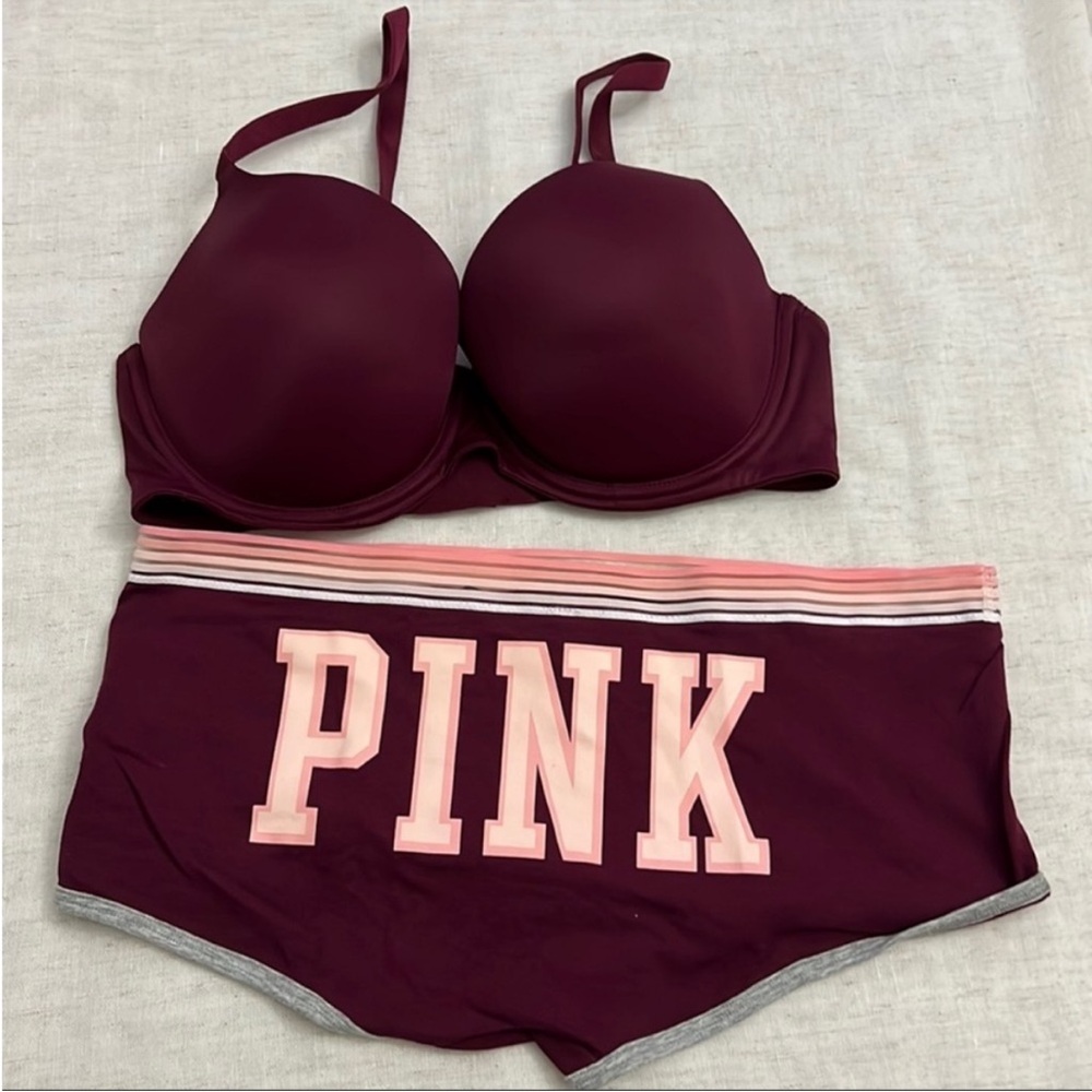 PINK burgundy lightly lined bra & Boyshort 36C / M